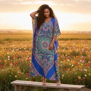 Women Blue Paisley Print Caftan Maxi Dress Plus Size for Nighty by Gypsie Blu